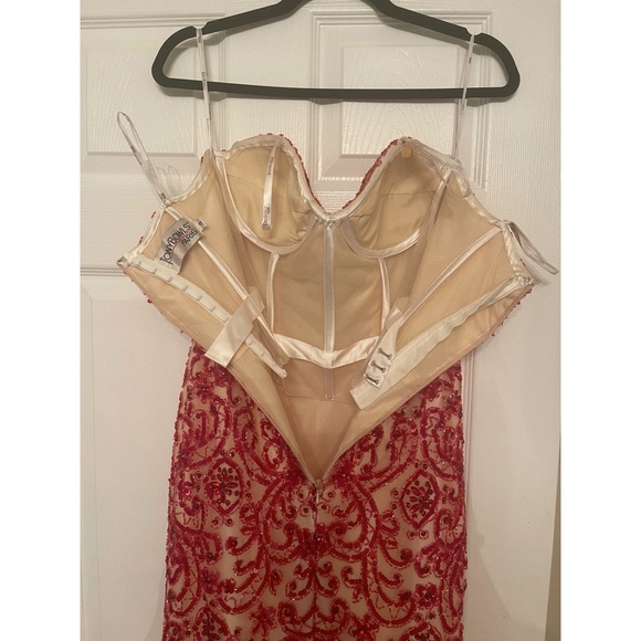 Tony Bowls Nude Prom Mermaid Gown With Red Beading (size 4) - Picture 7 of 12